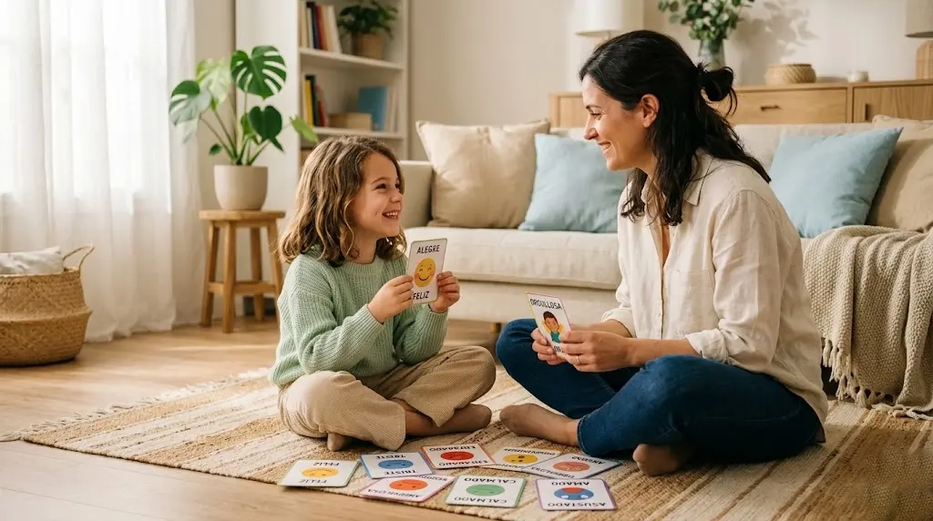 Madre e hija usando tarjetas de emociones, estrategias para que los niños expresen sus emociones | Centro Psicológico Kiri