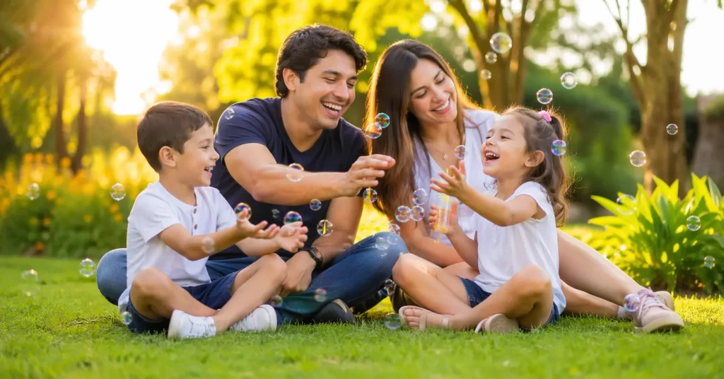Familia latina con niños jugando felices en parque, representando la importancia de la salud mental infantil | Centro Psicológico Kiri