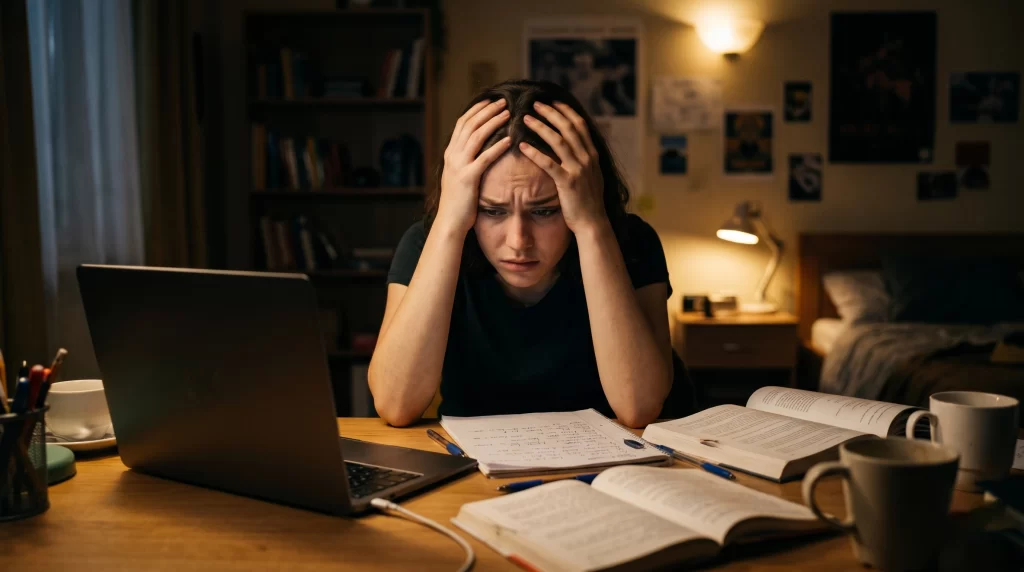 Universitaria estresada estudiando de noche, ansiedad en universitarios cuando el estrés se convierte en trastorno | Centro Psicológico Kiri