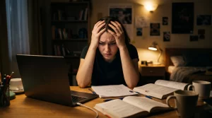 Universitaria estresada estudiando de noche, ansiedad en universitarios cuando el estrés se convierte en trastorno | Centro Psicológico Kiri